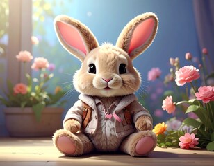 Cute rabbit sitting amongst flowers
