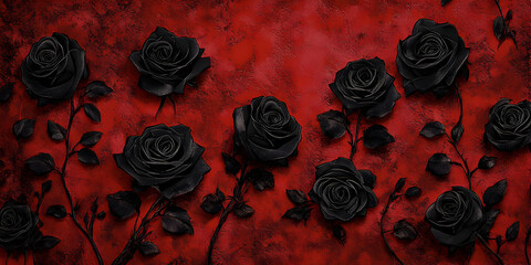 Dark Gothic Background with Black Roses on a Red Textured Wall.