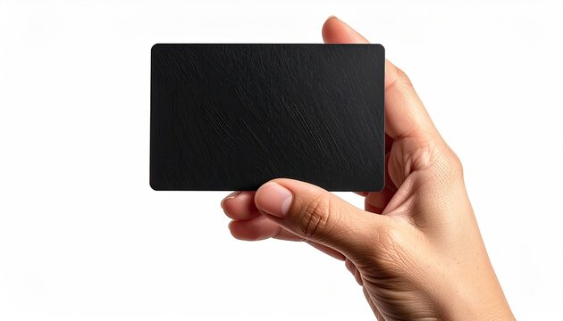 A hand holds a blank, black, rectangular card with a subtly textured surface against a white background
