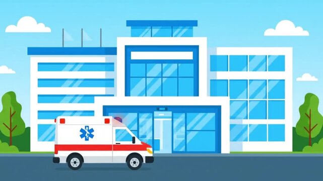 2D healthcare video of hospital building with ambulance arriving, smooth animation, modern flat vector style, ultra HD clarity, professional clean design.