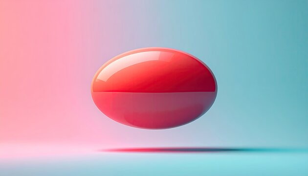 A vibrant, glossy red ellipsoid floats against a soft, pastel blue and pink gradient background, casting a subtle shadow