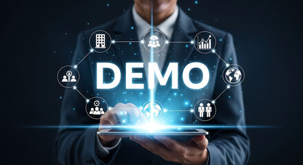 Digital technology and innovation in business, showing a demo with icons and a tablet