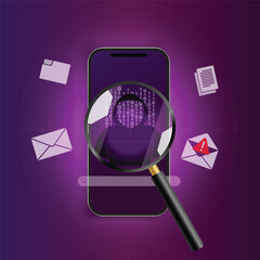 Smartphone screen with magnifying glass revealing hacker identity in binary code, symbolizing cybersecurity, hacker attack, email scam, and online fraud detection.  
