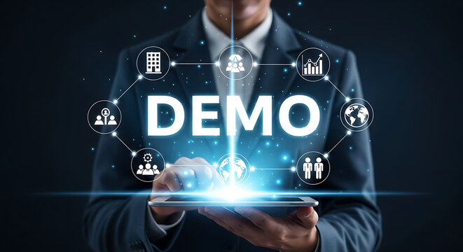 Digital technology and innovation in business, showing a demo with icons and a tablet