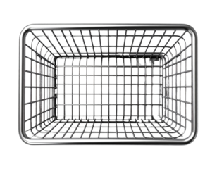 Top view of metal shiny basket. Shopping basket for supermarket products. Shop equipment. Realistic market bag. Png transparency