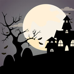 Halloween Night Haunted House Vector Illustration