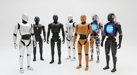 Diverse group of humanoid robots standing in a row isolated on white background, showcasing different designs and materials in artificial intelligence