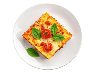 Square, cheesy lasagna dish on a white plate, garnished with cherry tomatoes and fresh basil leaves