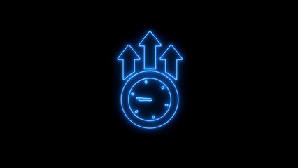 Blue Neon Clock With Three Upward Arrows On Black Background time growth