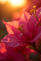 A close-up shot of a vibrant pink bougainvillea flower bathed in the warm glow of the setting sun, with delicate water droplets clinging to its petals.