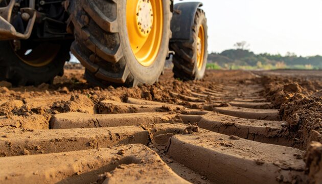 Close-up of large tractor tires leaving deep tracks in tilled, brown earth; sunlit field background