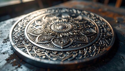 A highly detailed metallic mandala etched on polished steel surface, intricate symmetrical patterns with geometric swirls and layered motifs, softly lit in a dim workshop, captured as a realistic clos