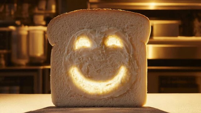 A slice of bread with a glowing happy face spread with butter.