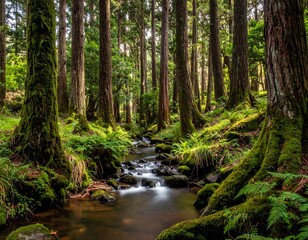 Obraz premium Tranquil Forest Stream Scene.