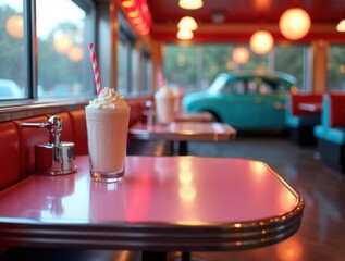 Classic American Diner Milkshake and Vintage Car View