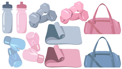 Collection set sports accessories: water bottles, dumbbells, yoga mats, boxing gloves, gym bags in pastel colors pink and blue. Ideal for fitness projects, health branding, posters, lifestyle design