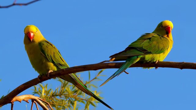 Two parakeets perched on a branch against a clear blue sky