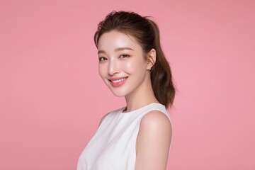 Fototapeta premium A portrait of a beautiful woman with perfect makeup, her face beaming with a bright smile, set against a soft pink background; it radiates a warm atmosphere throughout the piece.