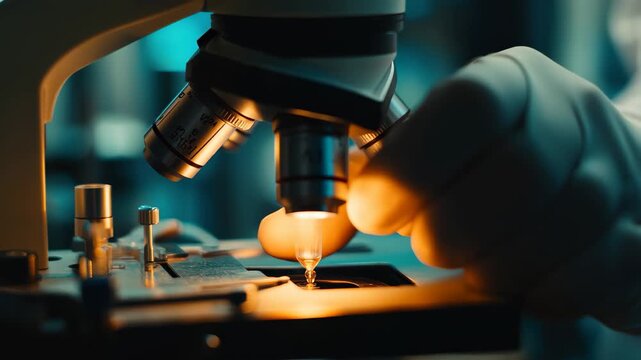 Scientist examines samples under microscope in laboratory during evening research session, scientist testing samples in a laboratory close-up