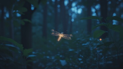 Magical glowing dragonfly flits through a dark, enchanted forest at twilight.