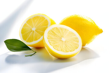 Fresh Ripe Lemons with a Green Leaf Isolated on a White Background.