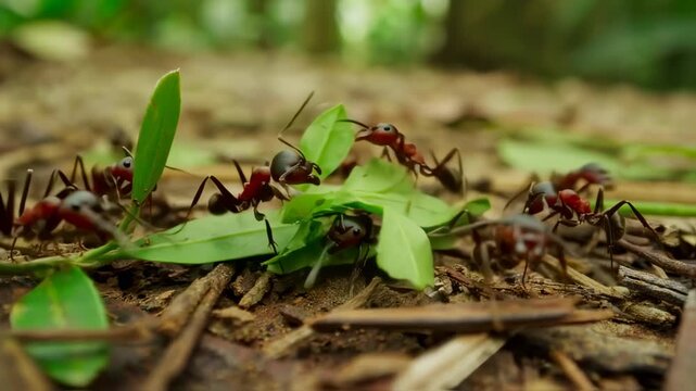 Red ants carrying leaves on forest floor