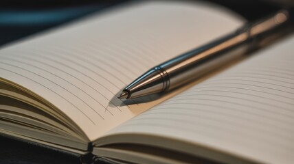 Close-up of a metallic pen resting on a lined notebook, ready for writing.