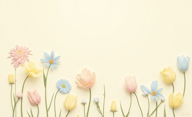 A beautiful artistic composition of pastel spring flowers blooming against a soft cream background, creating a serene floral border.