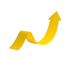A bright golden yellow upward-pointing arrow, stylized with a swirling ribbon-like form, against a black background