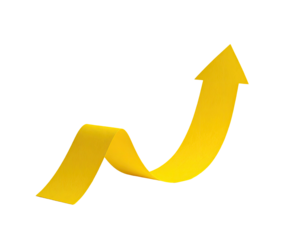 A bright golden yellow upward-pointing arrow, stylized with a swirling ribbon-like form, against a black background