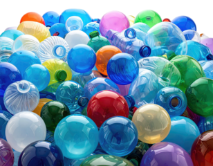 A vibrant pile of various colored plastic bottles and balls