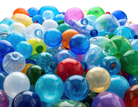 A vibrant pile of various colored plastic bottles and balls