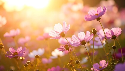Vibrant pink cosmos flowers in sunlight