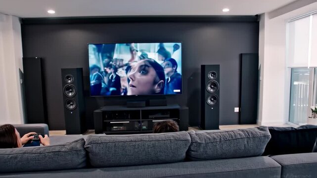 Home theater room with large TV and surround sound speakers
