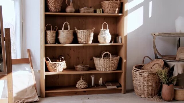 Wooden bookcase filled with light beige woven baskets. Sunlight streams in