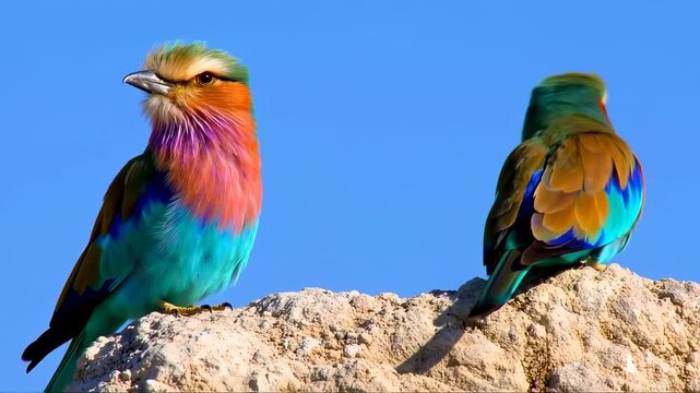 Two vibrant Rose-ringed Parakeets perched on a rock against a clear blue sky