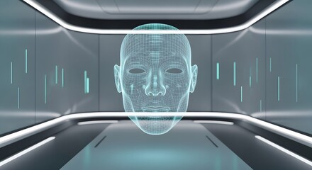 Digital human head in a futuristic corridor represents artificial intelligence and technology