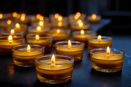 Illuminated candles in glass holders on a dark surface creating warm light