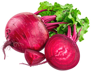Two whole and sliced beets, vibrant deep red, with fresh green leaves