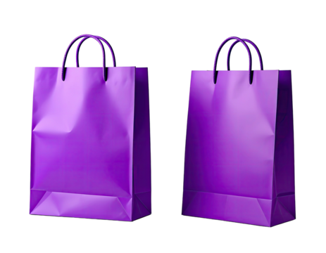 Two identical vibrant purple paper shopping bags, slightly angled, with handles