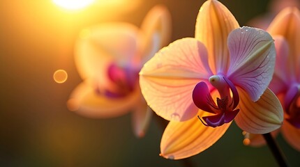 Close-up of three beautiful orchids in soft, golden sunlight.