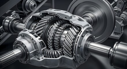 Close up view of a complex automotive differential mechanism