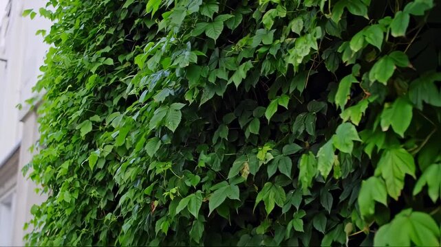 Lush green foliage covers a wall