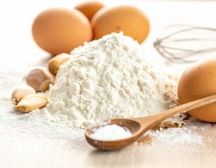 Flour, eggs, garlic, and a wooden spoon on a light-colored surface