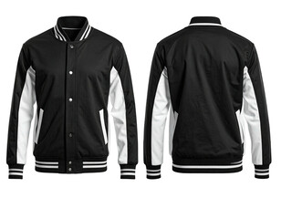 Black and white varsity jacket, front and back view