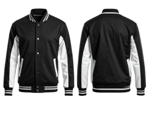 Black and white varsity jacket, front and back view
