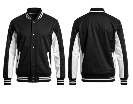 Black and white varsity jacket, front and back view