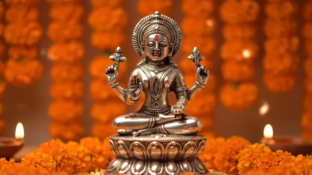 Divine physician lord dhanvantari idol amidst marigold flowers and diyas symbolizing health wealth and ayurvedic blessings on dhanteras diwali