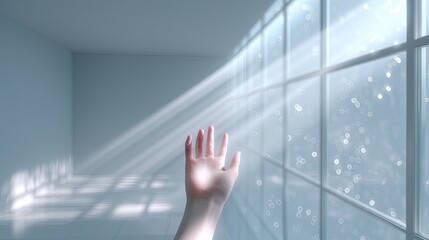 Hand Reaching Towards Sunlight Through Window in Bright White Room Conceptual Image