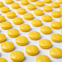 Dozens of small yellow round pills positioned neatly, pharmaceutical medicine isolated on white background. PNG
